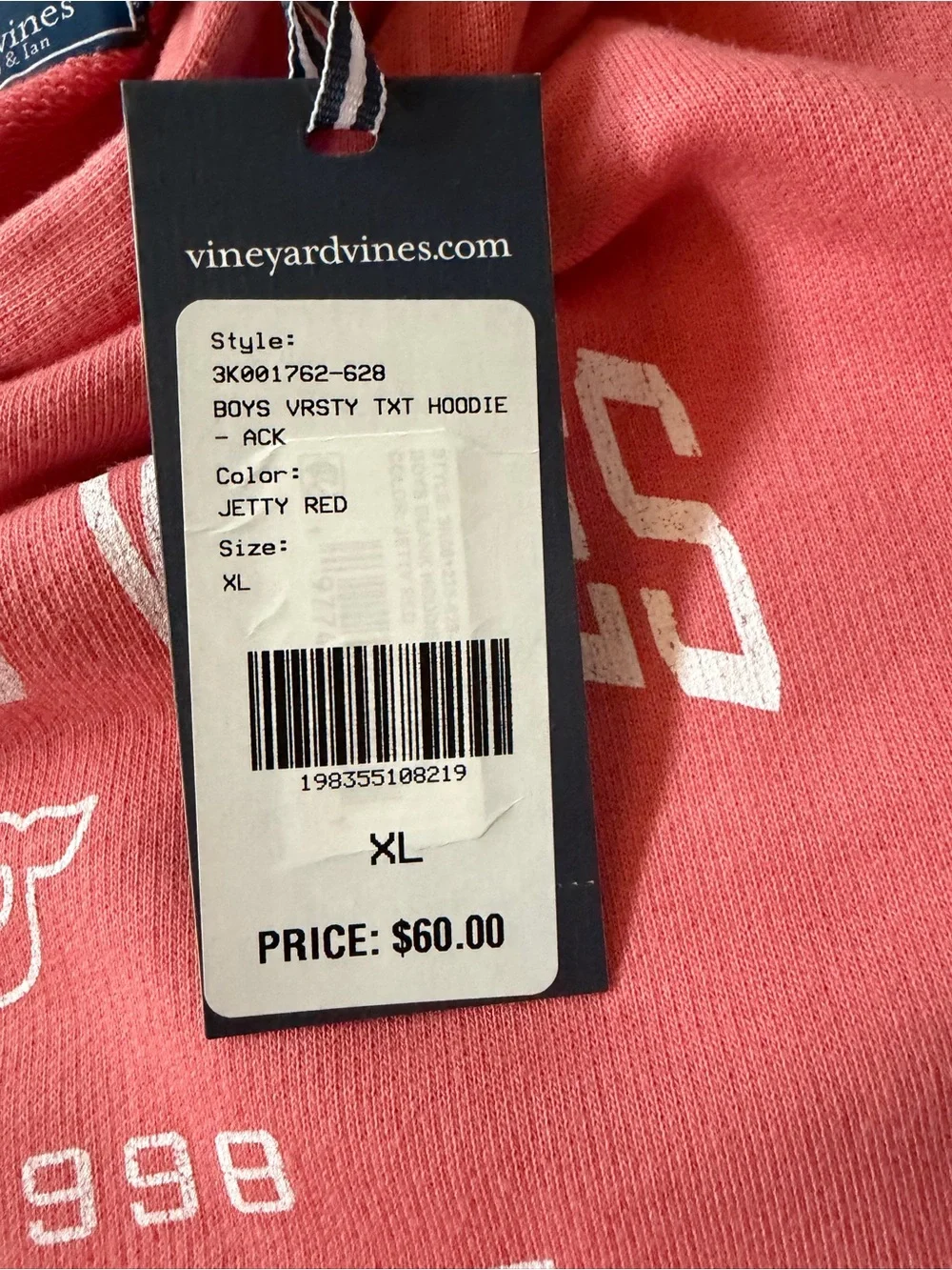 Vineyard Vines Unisex Kids Coral Hoodie Sweatshirt, size XL